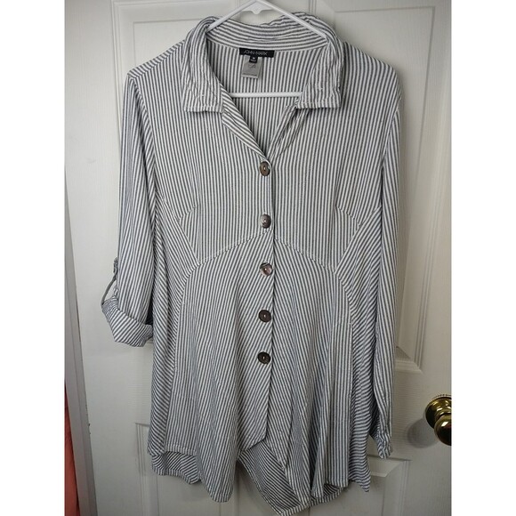 John Mark Woman M Tunic Shirt Grey White Striped Roll Tab LS V Neck Asymmetrical - Picture 1 of 11